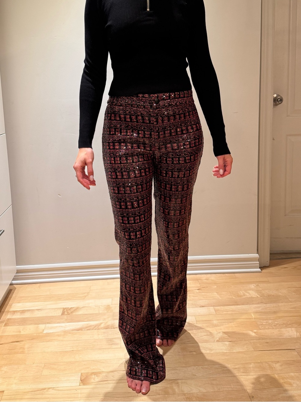 Zara Sequin Tweed High-Waist Women’s Pants- Black & Burgundy